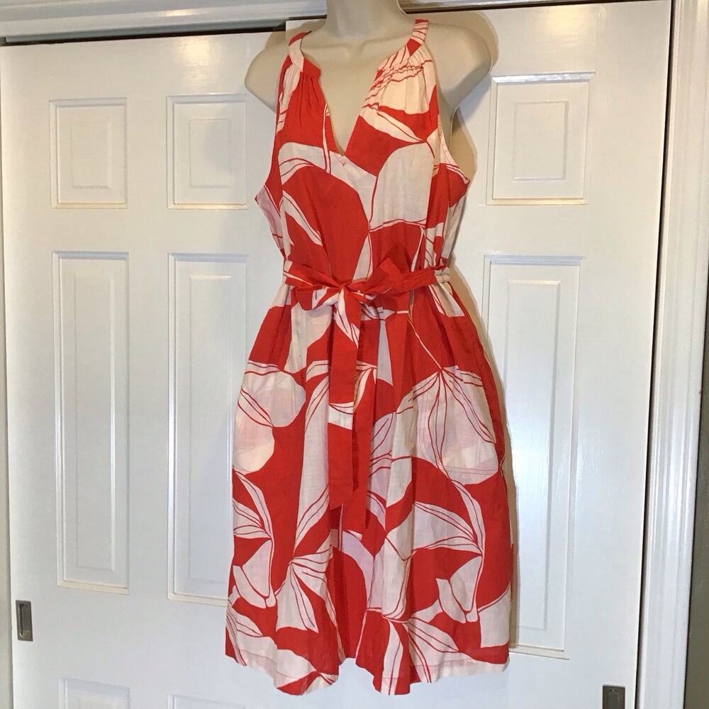 Red White 100% Cotton Tropical Print Midi Dress SzXL Beach Wedding Resort Hawaii